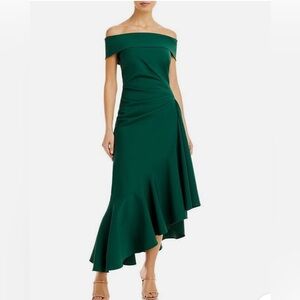 NEW ELIZA J Hunter GREEN Off The Shoulder RUCHED Asymmetric Hem EVENING DRESS 8